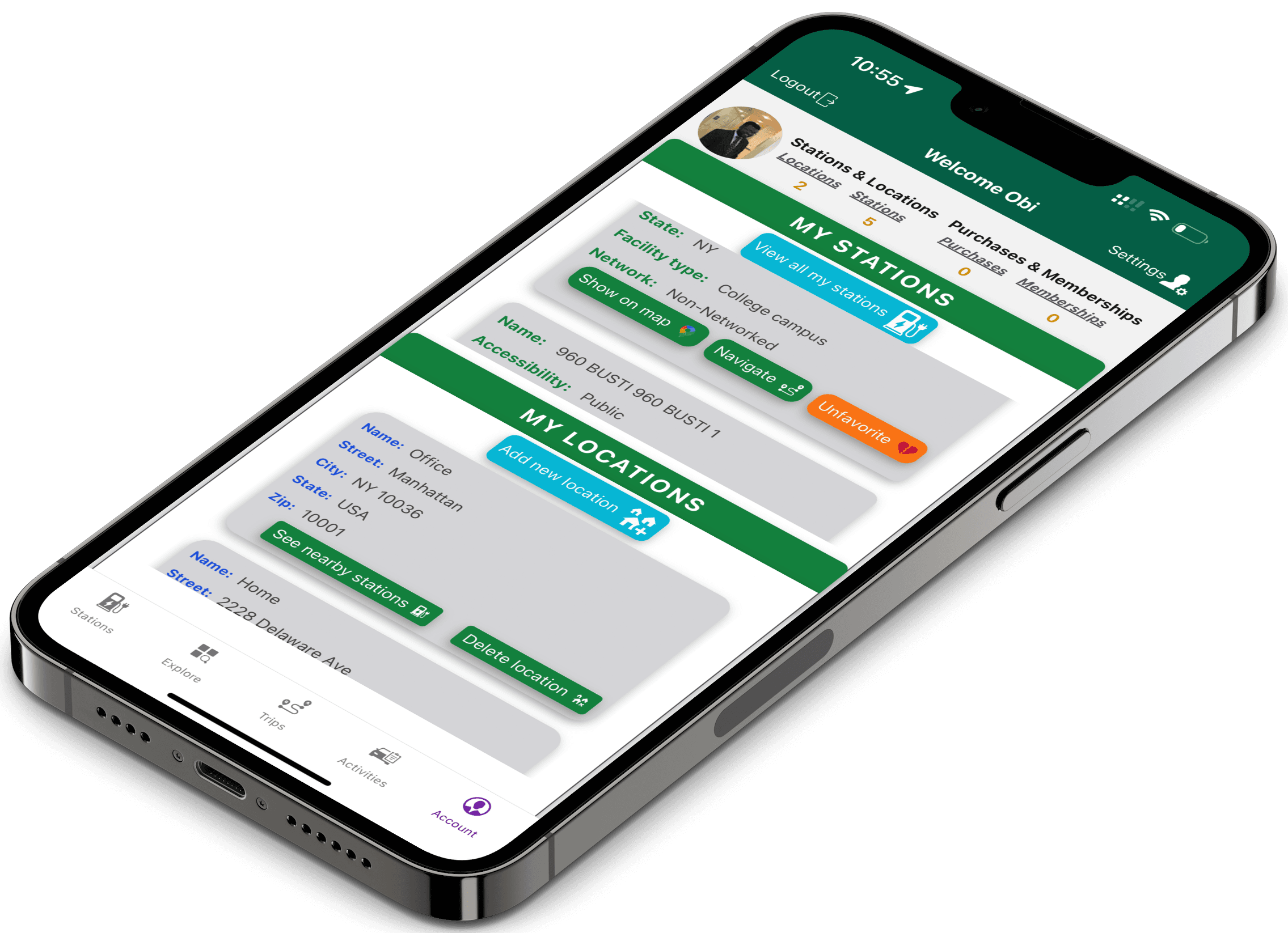 Station Locate app showing user profile